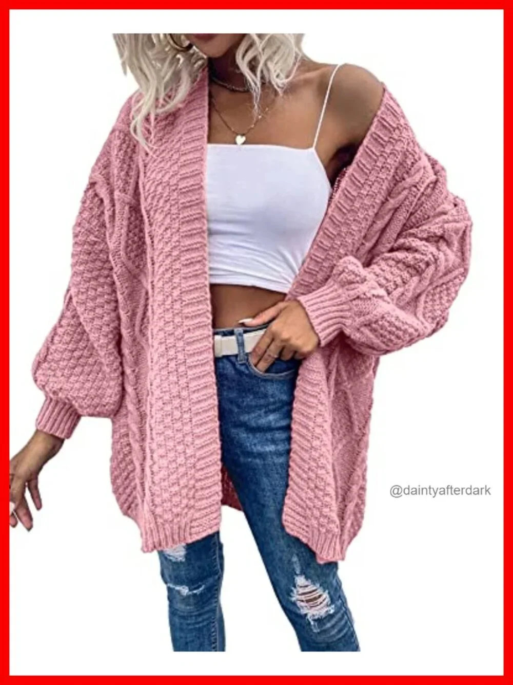 Oversized Cable Knit Lantern Sleeve Cardigan Sweater Women